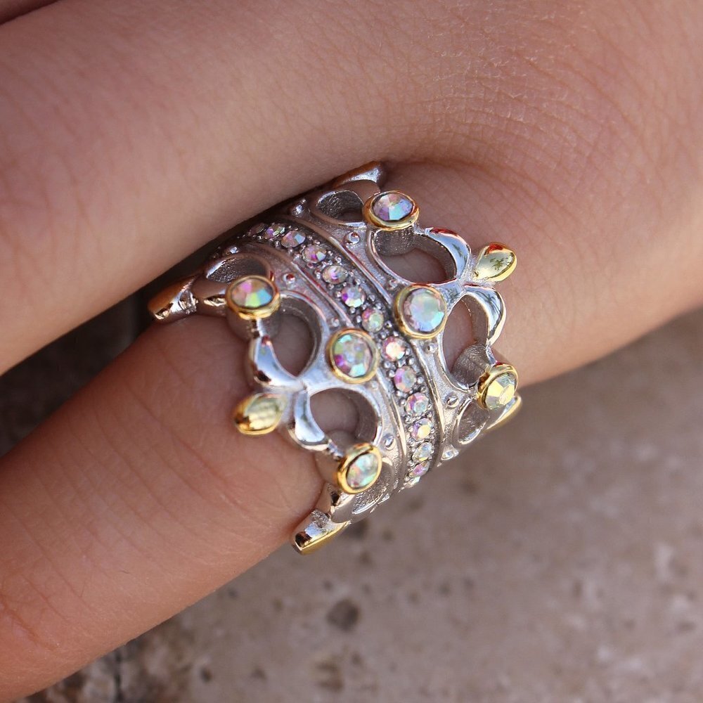 925 Sterling Silver Double Blessing Crown Princess Aurora Borealis Cz Ring Sz 10